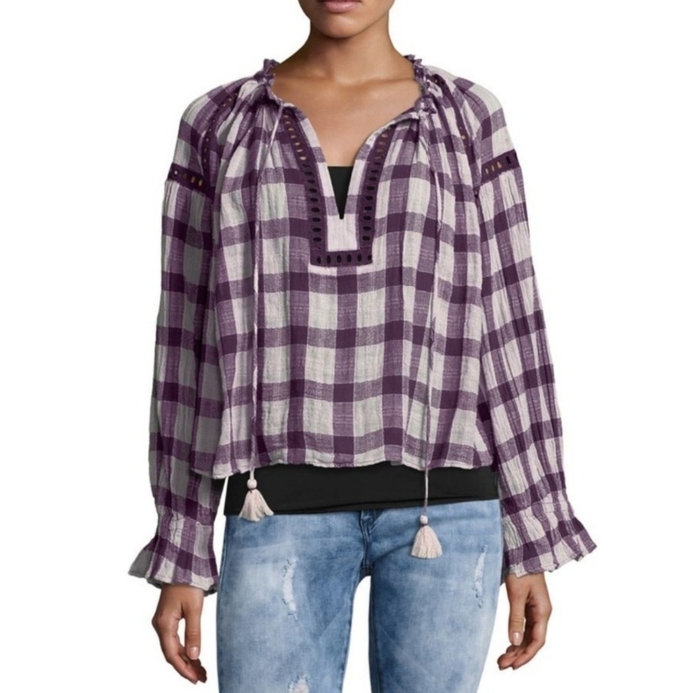 Free People Blouse Peasant Plaid V-Neck Tassel Tie Gauzy Cotton Plum White M NWT